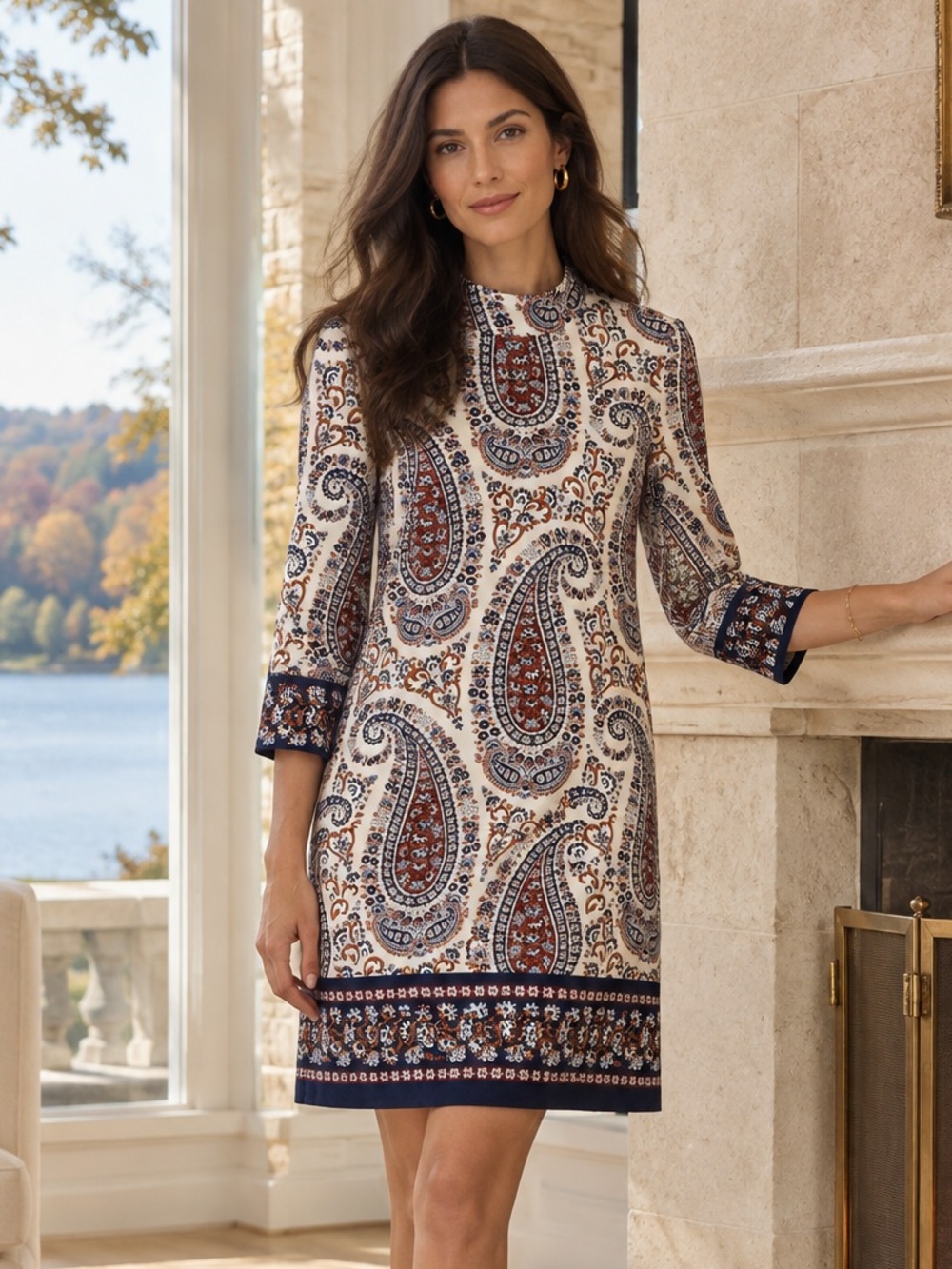 J.McLaughlin Zelda Catalina Cloth Paisley Shift Dress Navy Rust Medium